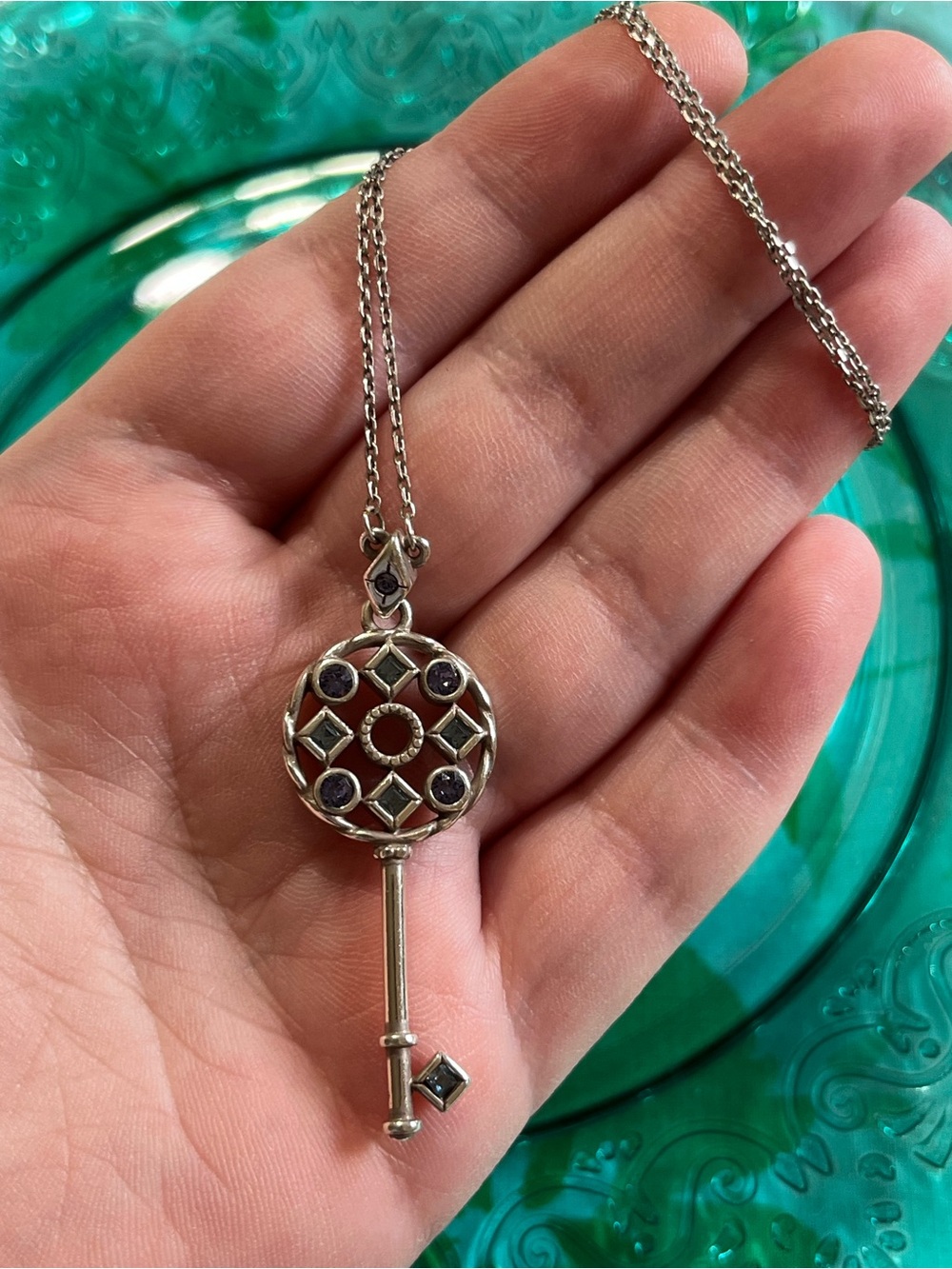 Brighton Halo Key Blue Purple Crystal Silver Tone Pendant Necklace